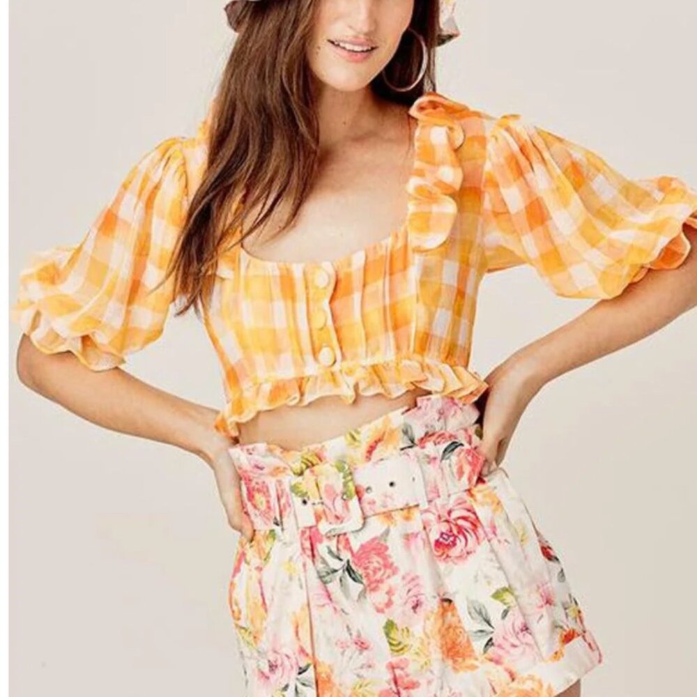 ✨ SALE NWT For Love and Lemons Mimosa Crop Top Medium Orange Check